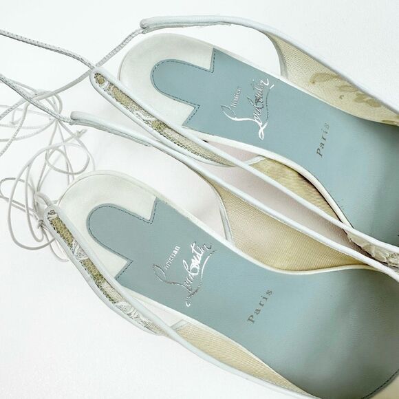 CHRISTIAN LOUBOUTIN White Kate Lace Pumps Size 38 US 8 Lace Up Satin Trim Heels - Picture 8 of 15